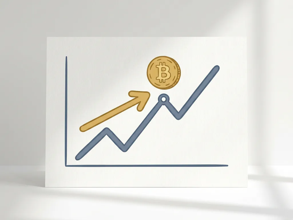 Hand-drawn arrow pointing to a Bitcoin price level on a minimal trading chart, golden coin resting at the marked position.