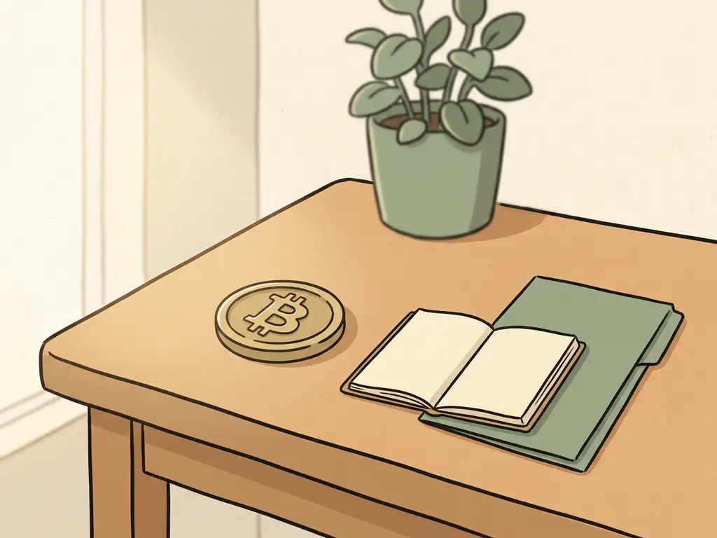 Bitcoin coin on a wooden desk beside an open notebook and tax document folder, with a soft green plant in warm natural light.