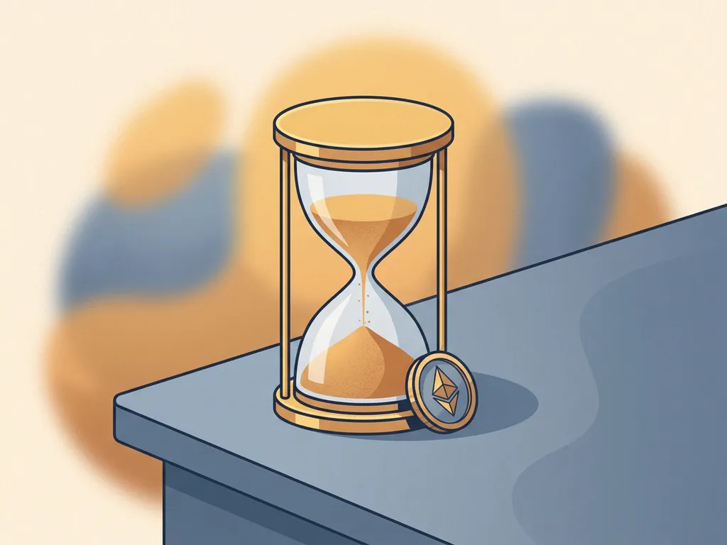 Golden hourglass with trickling sand beside an Ethereum coin on a minimal desk, warm amber and slate blue tones.