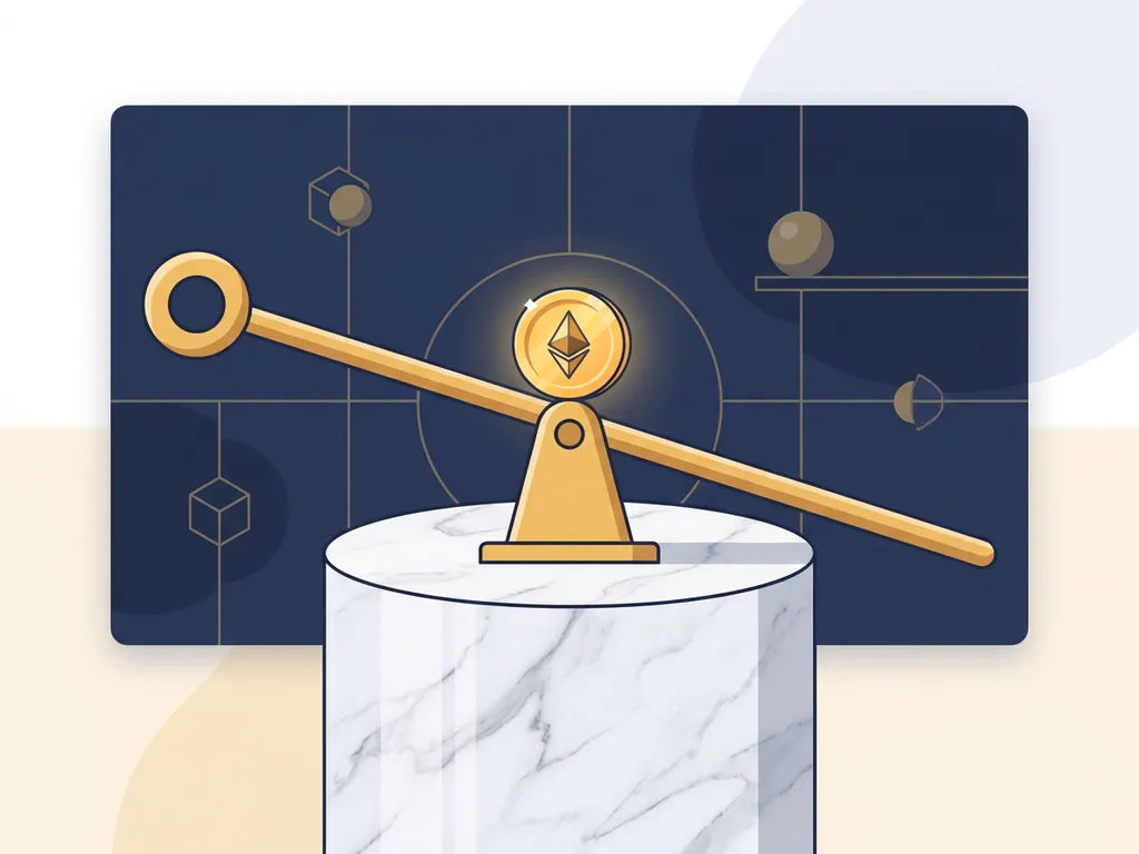 Golden lever balanced on a marble fulcrum with a glowing Ethereum coin, symbolizing DeFi balance and financial stability.