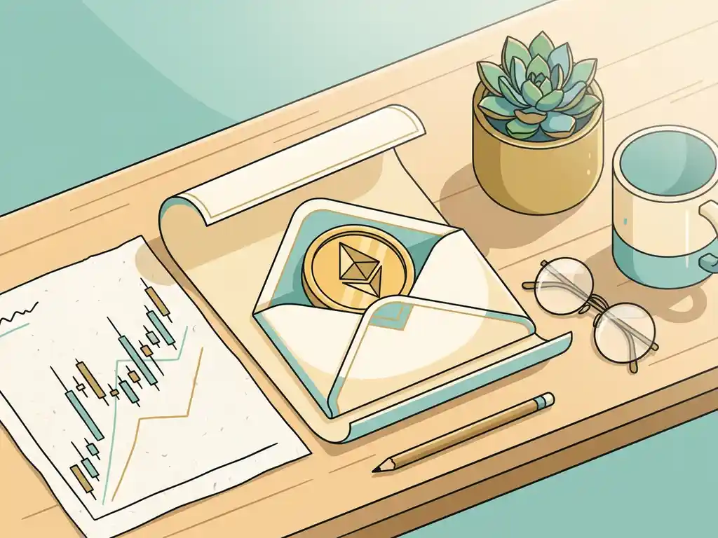 Ethereum coin resting on an open options contract document beside a hand-sketched candlestick chart on a wooden trading desk.