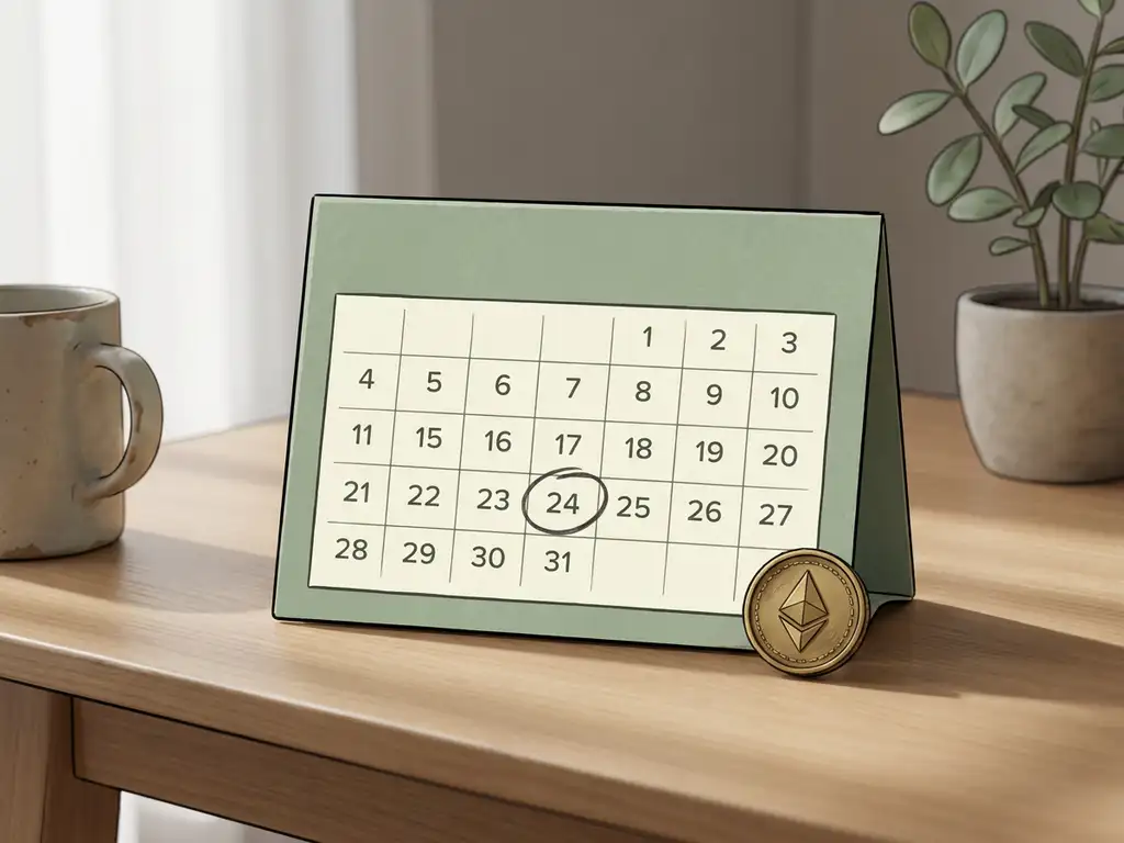 Calendar page with a circled date beside a small gold Ethereum coin on a clean desk, lit by soft daylight in sage green and ivory tones.