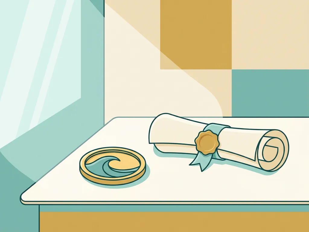 Gold coin with engraved wave pattern beside a ribbon-tied certificate scroll on a clean desk in soft teal and warm gold light.