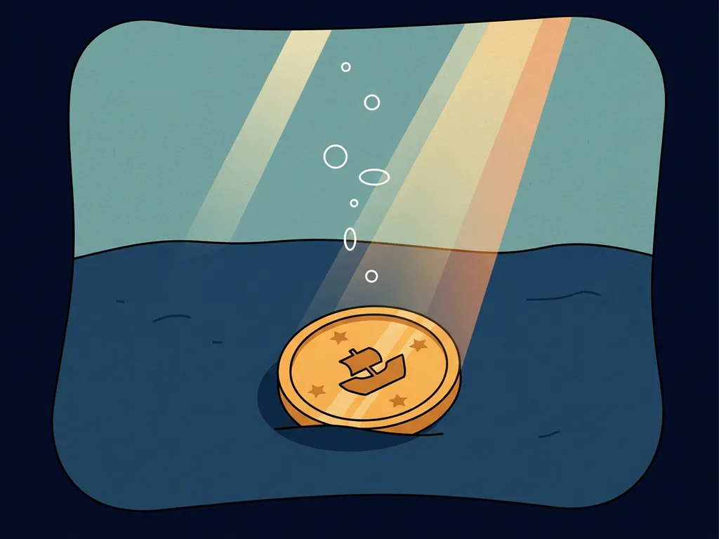 Golden coin resting on a dark ocean floor with soft light rays filtering down and air bubbles rising through deep navy water.