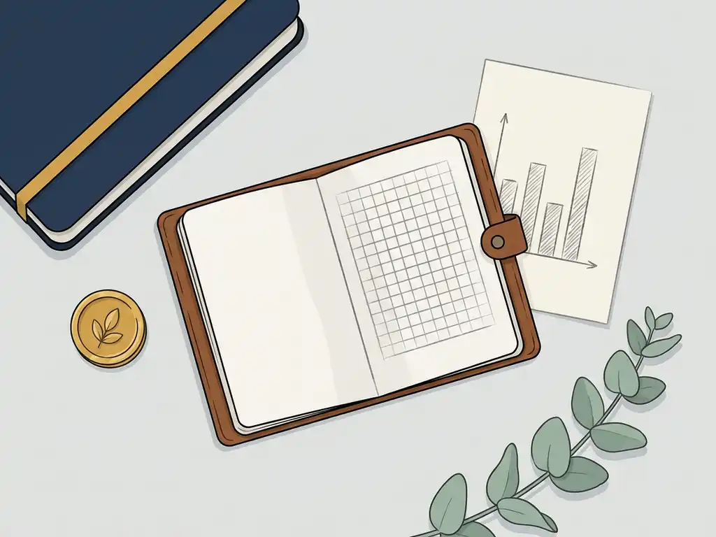 Open leather notebook with hand-sketched portfolio grid beside a gold coin, pencil geometric chart, and sage green plant sprig on a clean desktop.